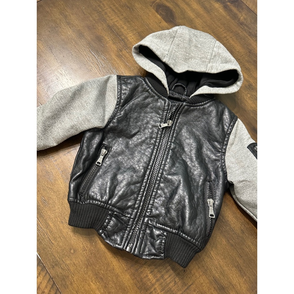Urban Republic Toddler Boys Faux Leather Hooded Bomber Jacket Black Gray 18M - Picture 2 of 6